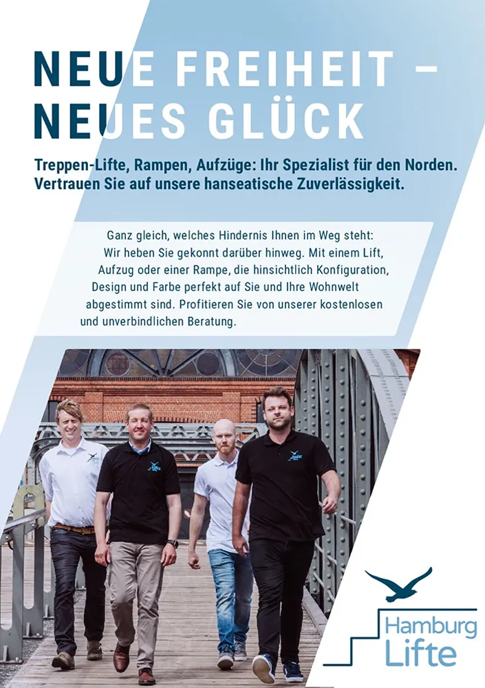 Cover der Niedersachsen Lifte Firmenbroschüre mit dem Titel Neue Freiheit, neues Glück